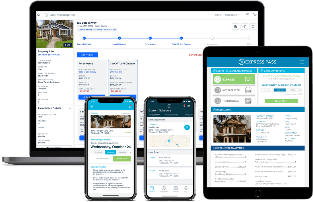 EXOS technology being displayed on a laptop, mobile phones and a tablet
