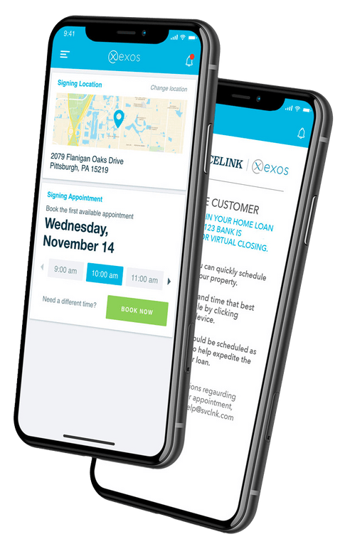 Two smartphones displaying the EXOS Close mobile app 